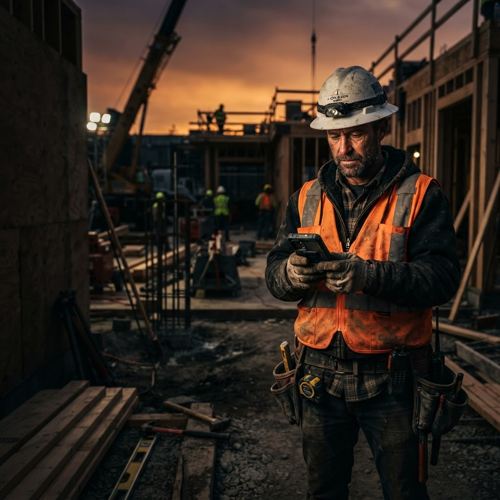 Contractor on an active jobsite checking DispatchGap AI on a phone